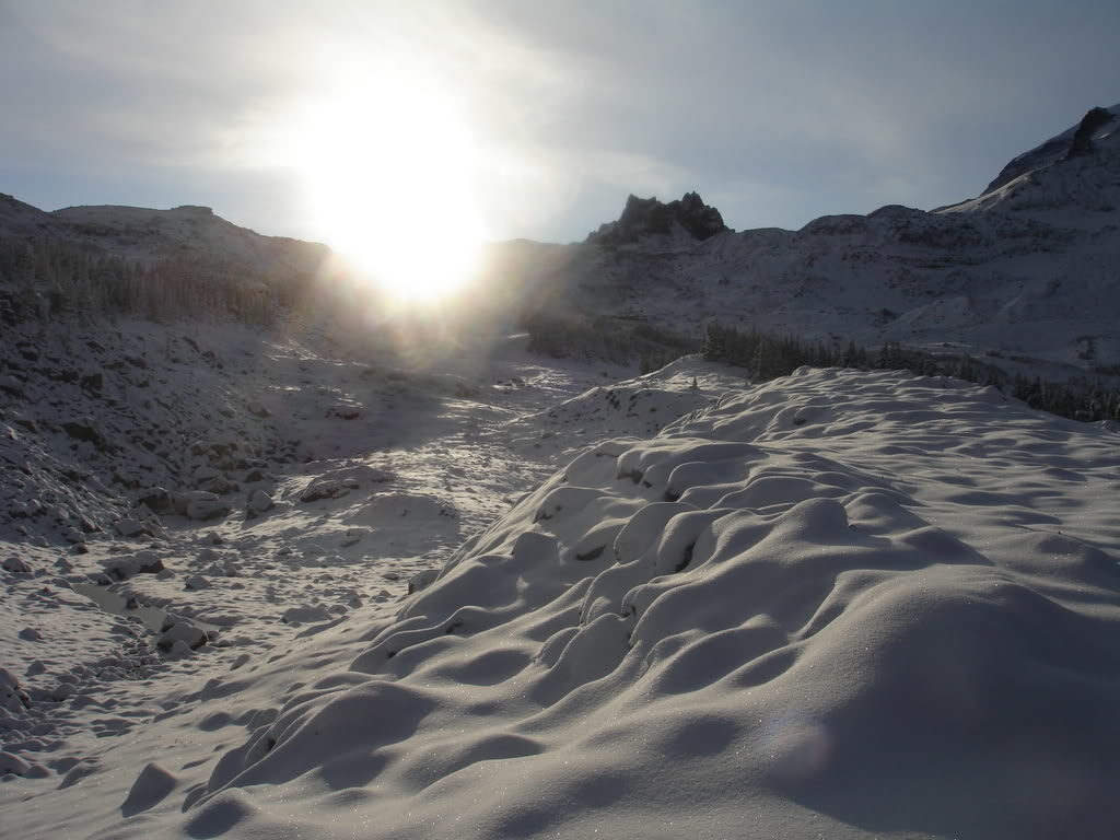 Hiking through Spray Park after the first storm of the year in Mount Rainier National Park