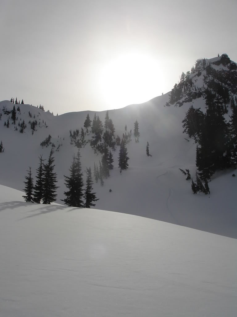 Putting in snowboard tracks down to Morse Creek for our 3rd run