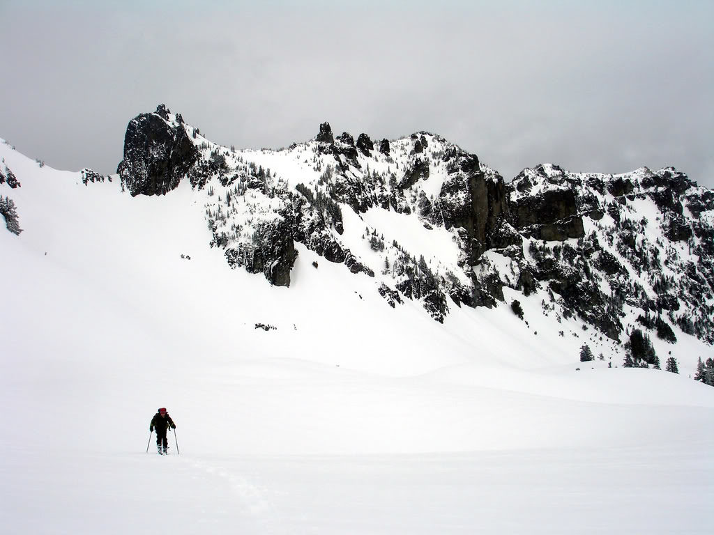 Scott skinning up Mist Park while doing some ski Touring Around Mowich Lake