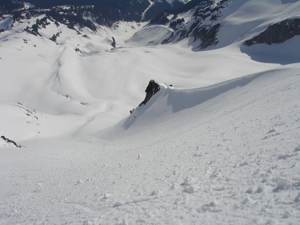 Snowboarding down the lower section of the Nisqually chute