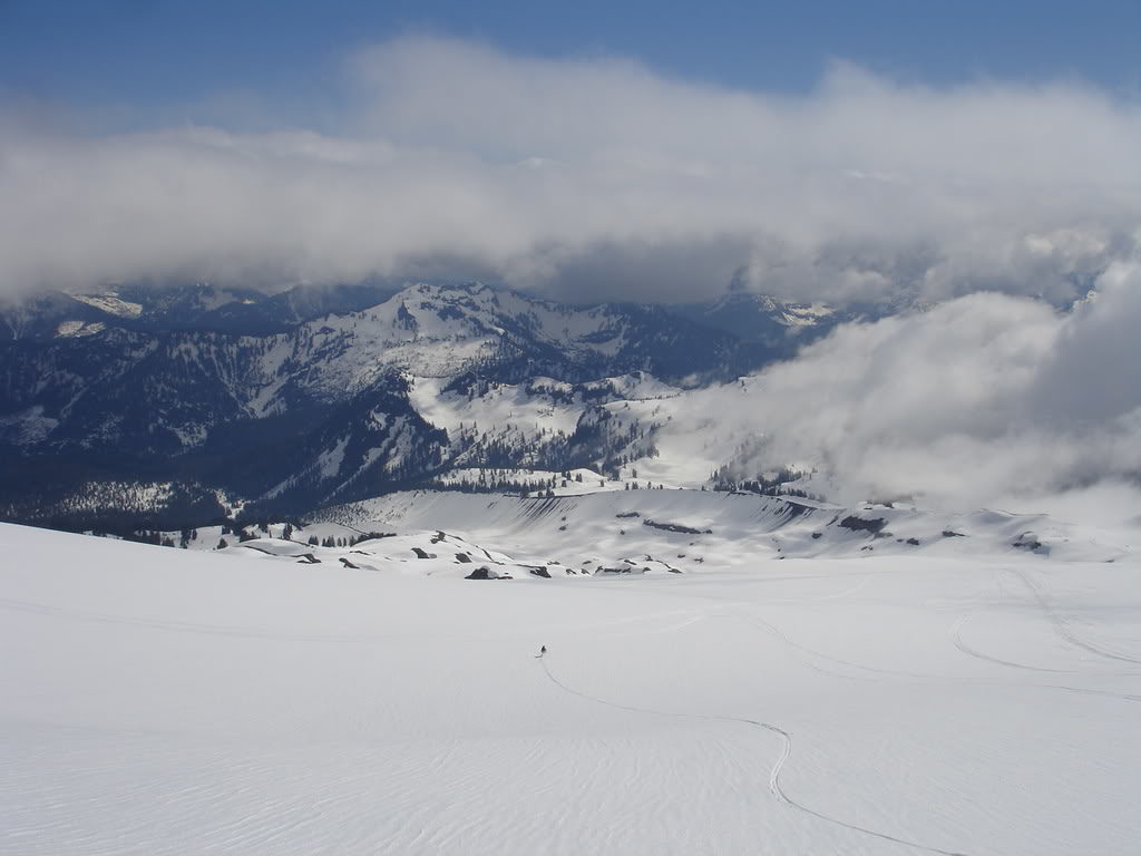 Making turns on the Easton Glacier from the summit of Mount Baker