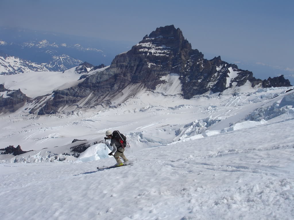 Skiing down the Emmons Glacier with Tahoma in the background