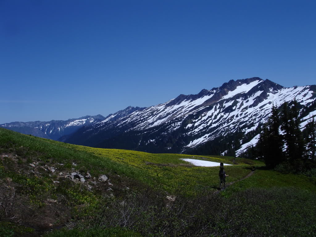 Heading over White Pass with Indian Head Mountain in the distance