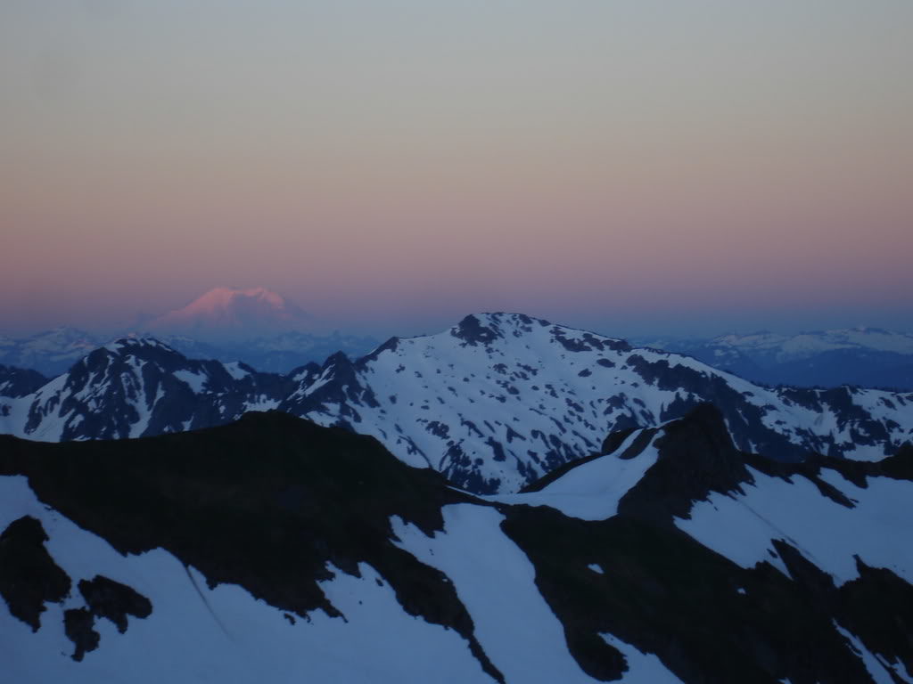 Sunrise Alpenglow on Rainier from the White Chuck Glacier