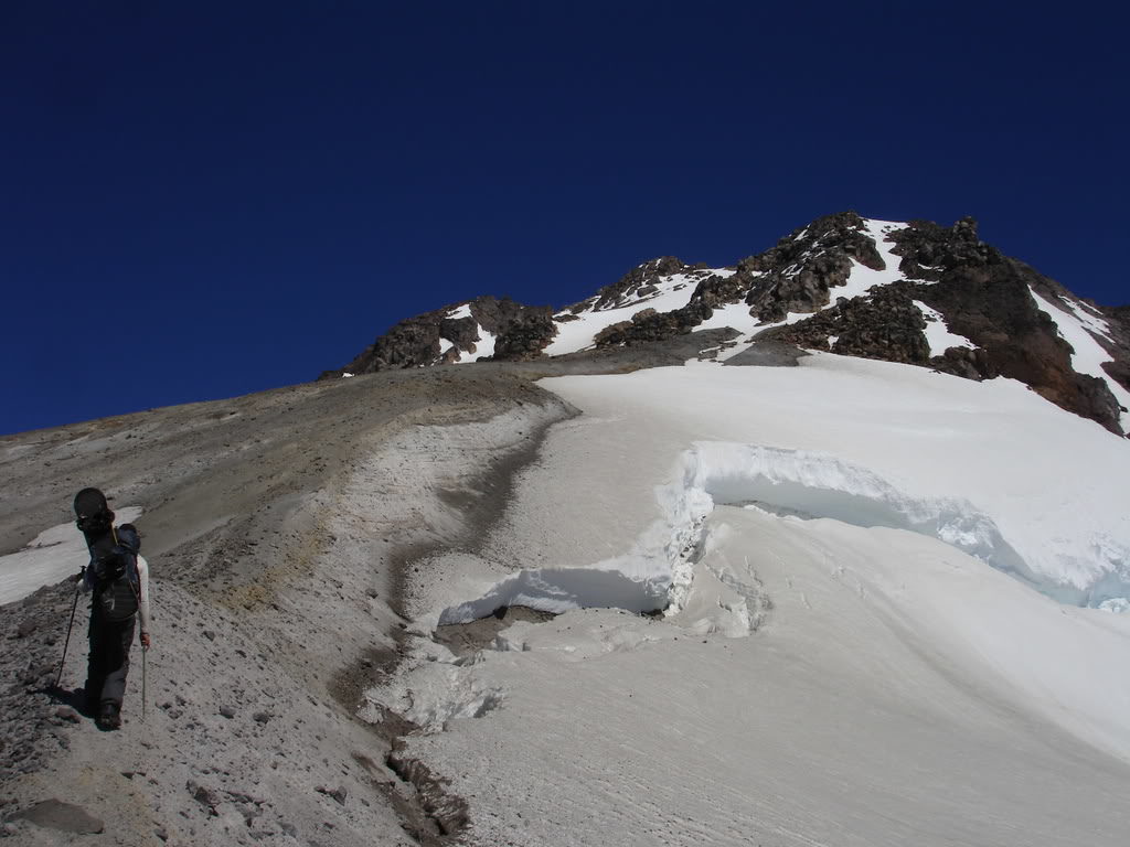 Climbing the ridge from the Saddle with the bergshrund in plain View as we climb to the summit of Glacier Peak via the Cool Glacier