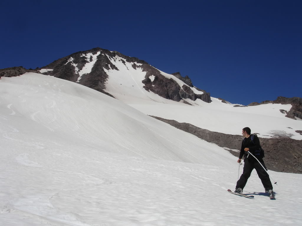 Looking back at our lines on The Suiattle Glacier after riding Glacier Peak via the Cool Glacier