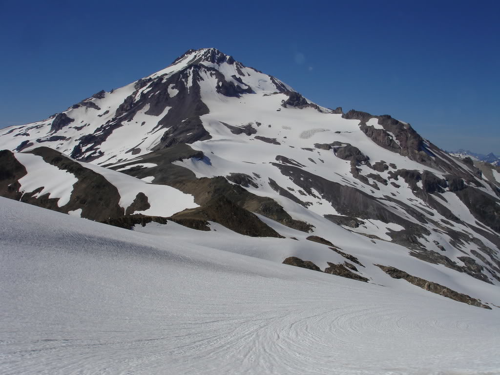 Our Best view of the climbing route on Glacier Peak via the Cool Glacier from the top of the Suiattle Glacier