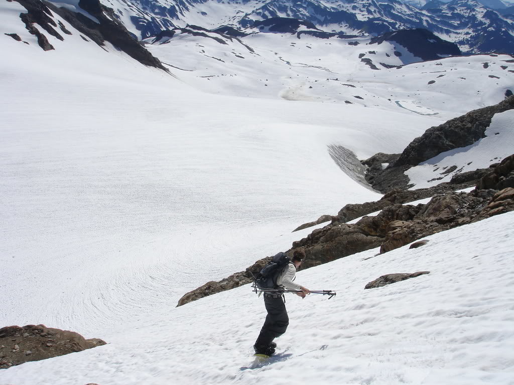 Snowboarding onto the upper White Chuck Glacier