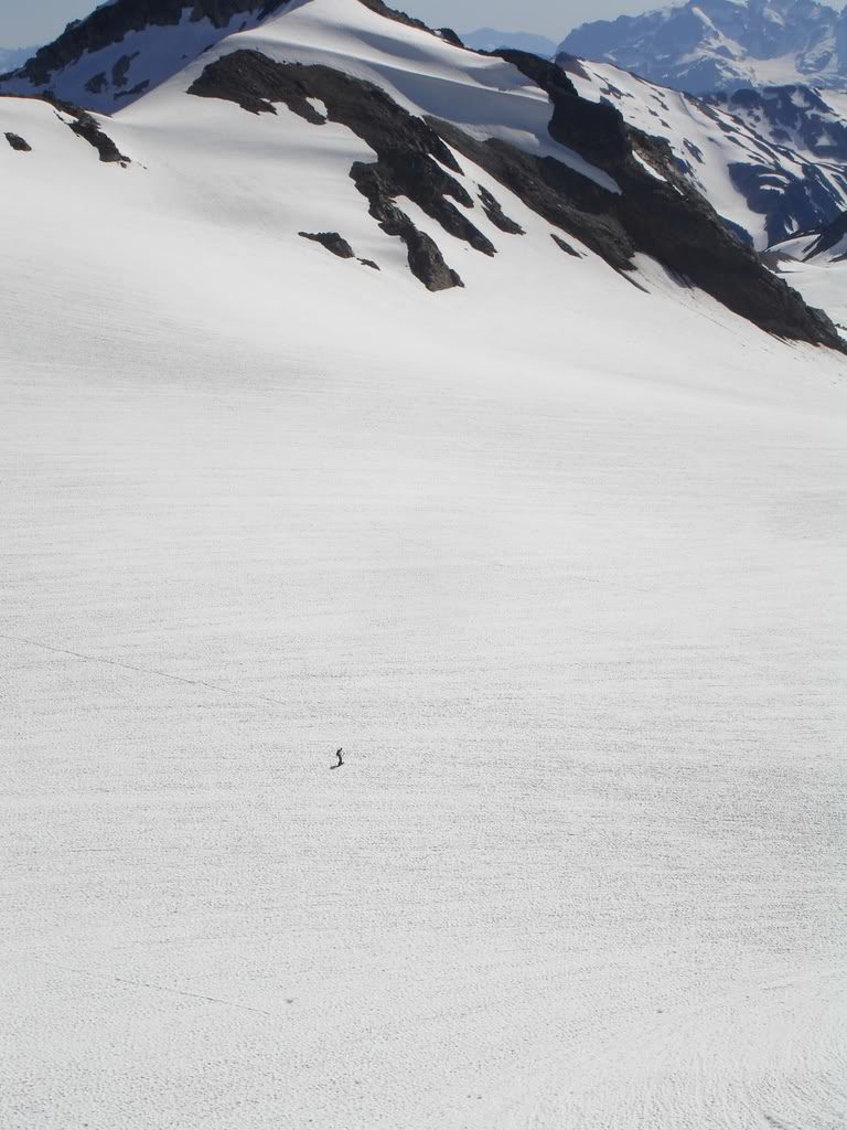 Riding down the lower White Chuck Glacier after riding Glacier Peak