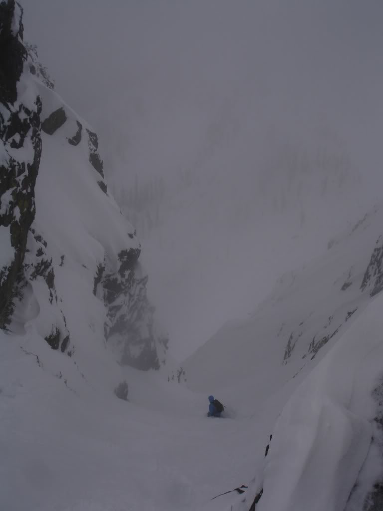 Dropping into the couloir with Blue Lake in the distance