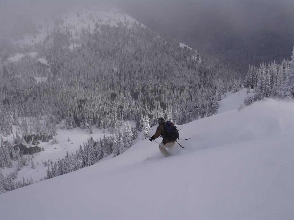 Enjoying some powder turns in Cement Basin after riding East Peak in the Crystal Mountain Backcountry