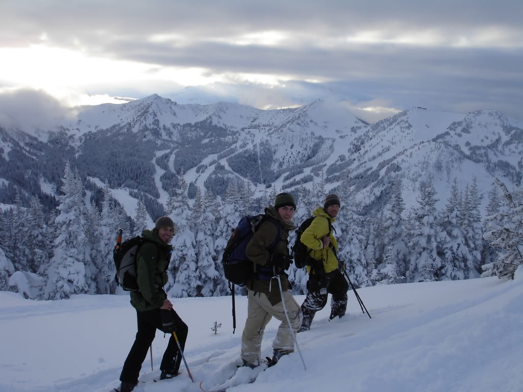 Skinning to the top of East Peak with Crystal Mountain ski resort in the background. It was a great powder day in the backcountry