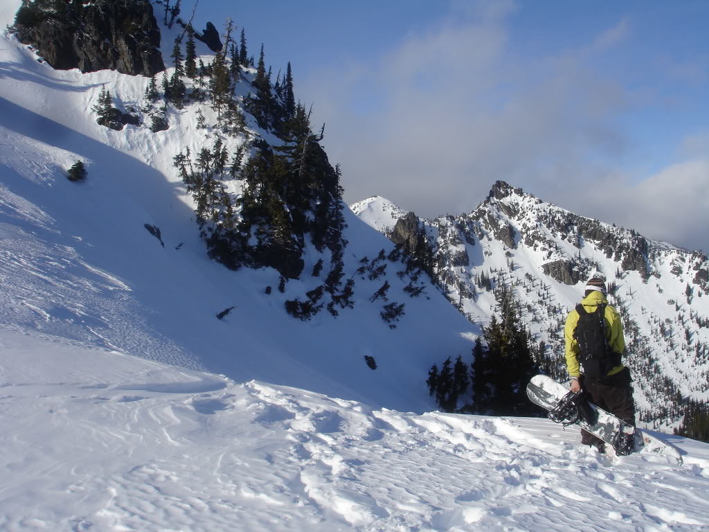 Spotting a line to ride into Morse Creek from Sheep Lake Basin in the Crystal Mountain Backcountry