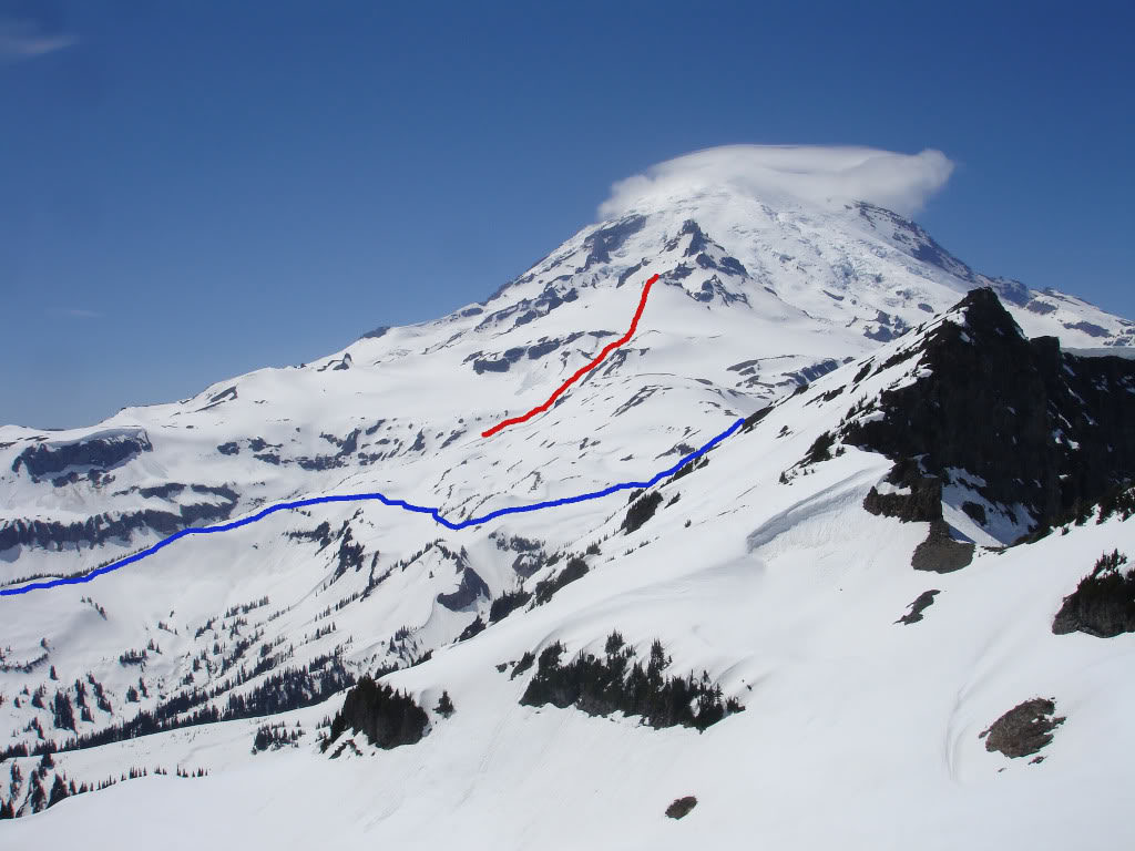 Our tracks in Red and the ascent up blue
