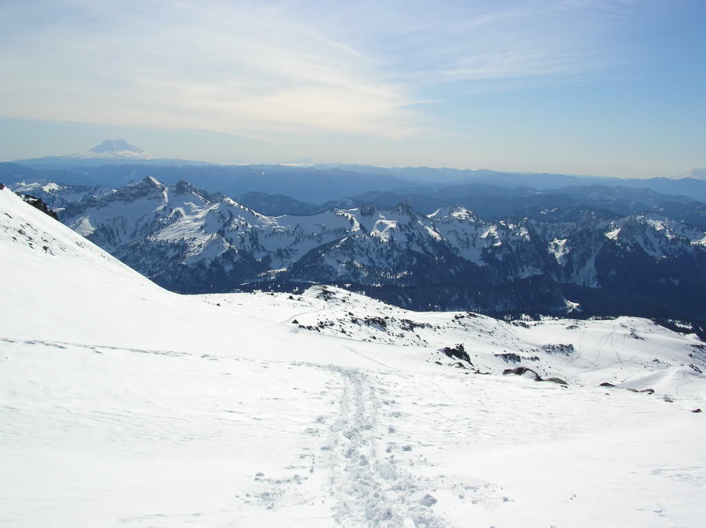 Skinning up with the Tatoosh range and Mt Adams in the distance