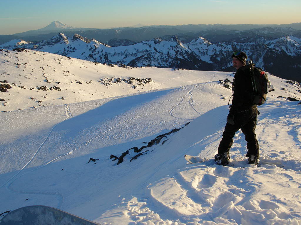 Nearing Panarama Point as the sun sets over Mount Adams and Mount Hood on the Muir Snowfield