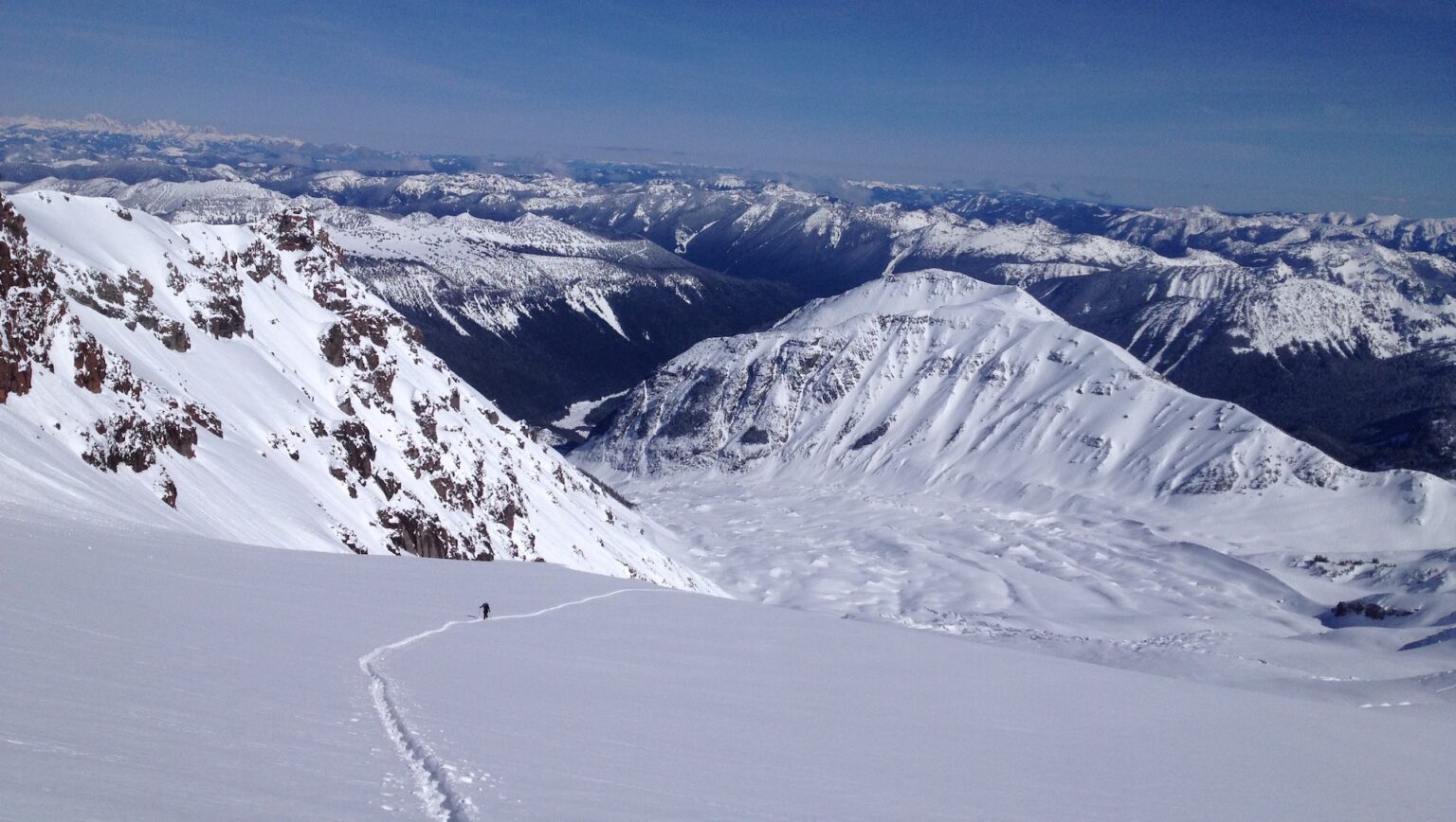 Ski touring up the Emmons Glacier on Mount Rainier