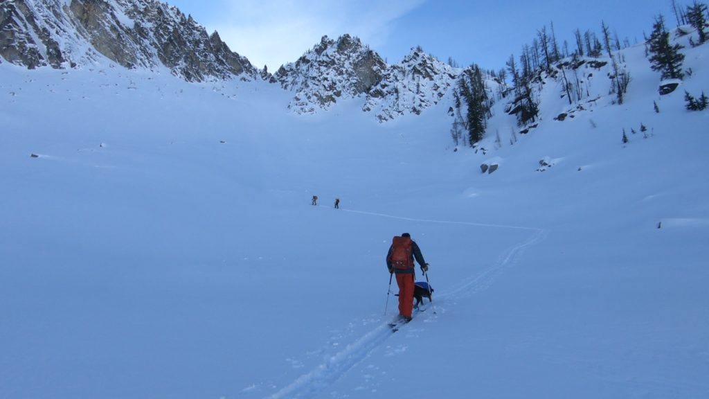 Breaking in a skin track as we climb above Eightmile Lake