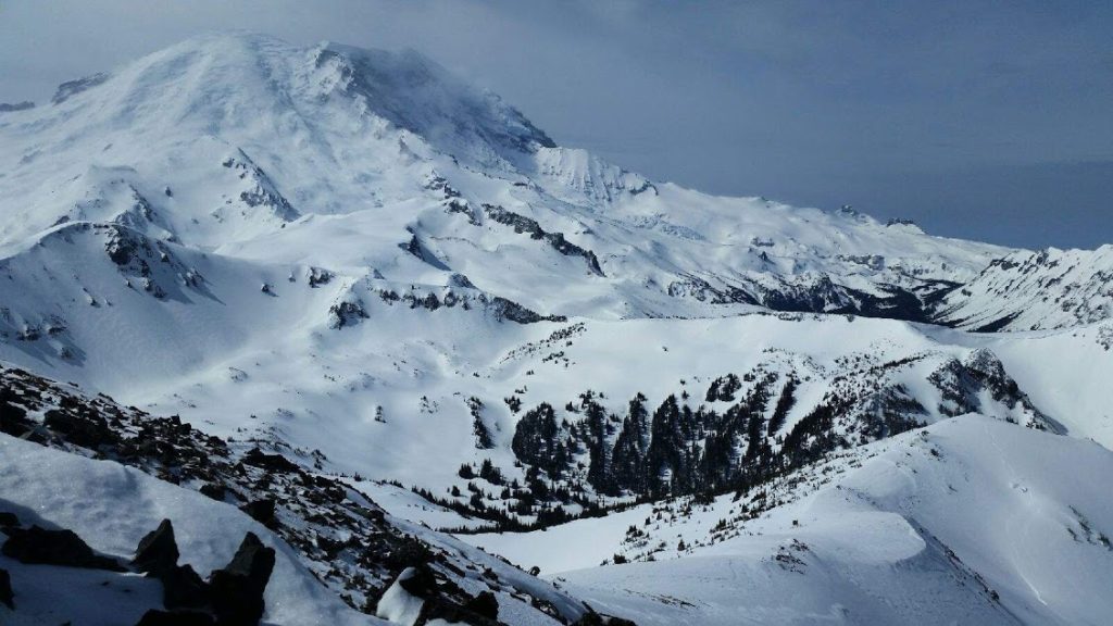 Looking at Rainier from the top of Fremont Mountain in winter