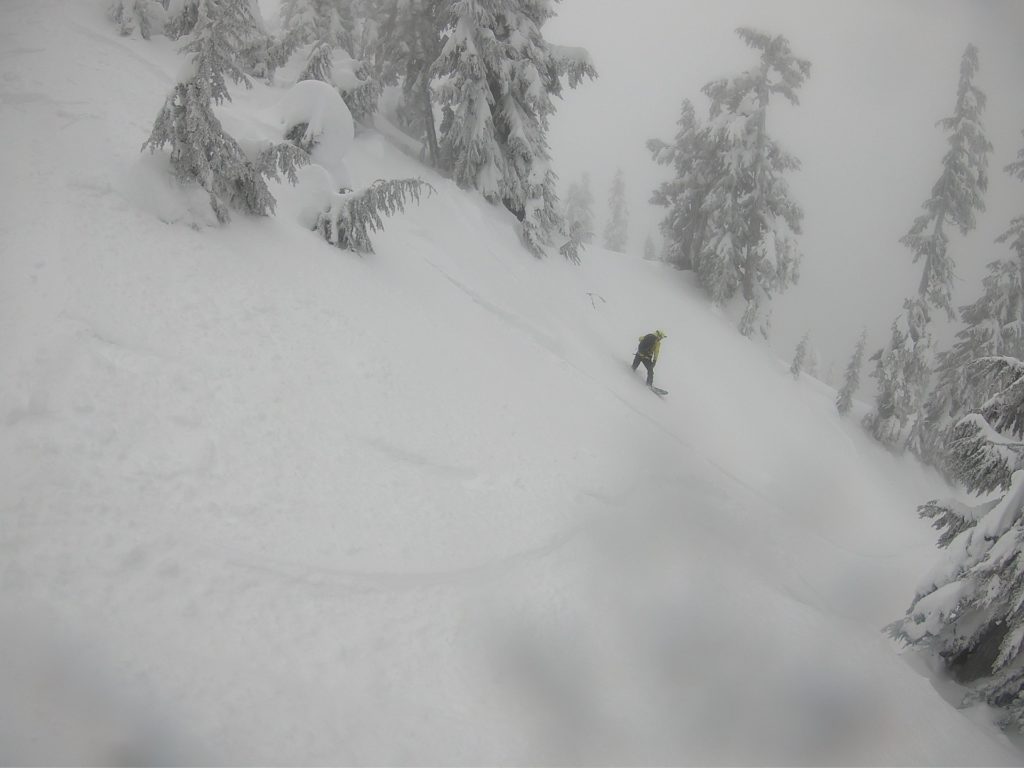 Finding great snow while riding down Heather Ridge