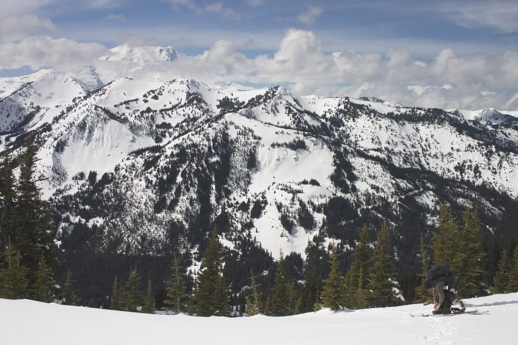 Switching over to skinning on East Peak with Crystal Mountain in the background