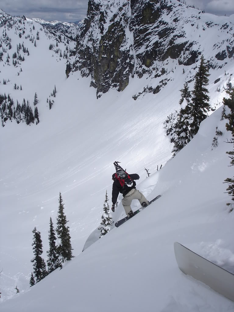 Chris Rojas dropping into Crystal Lakes Basin in the Crystal Mountain Backcountry
