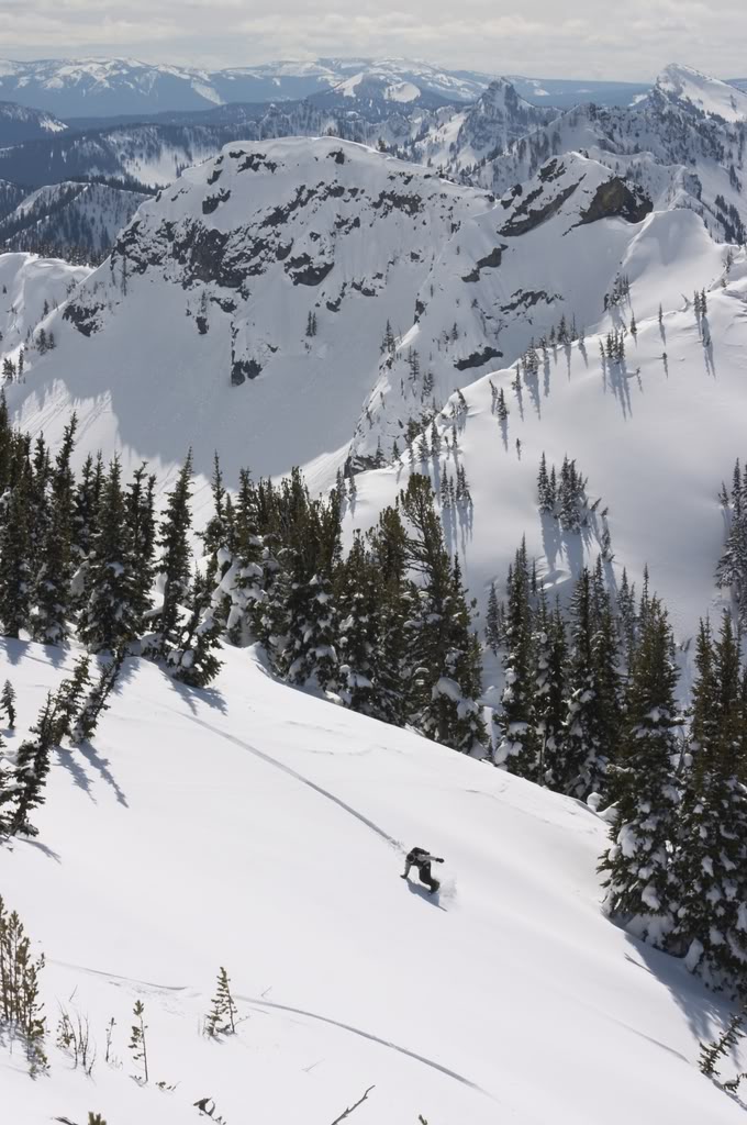 Snowboarding into Crystal Lakes Basin in the Crystal Mountain Backcountry