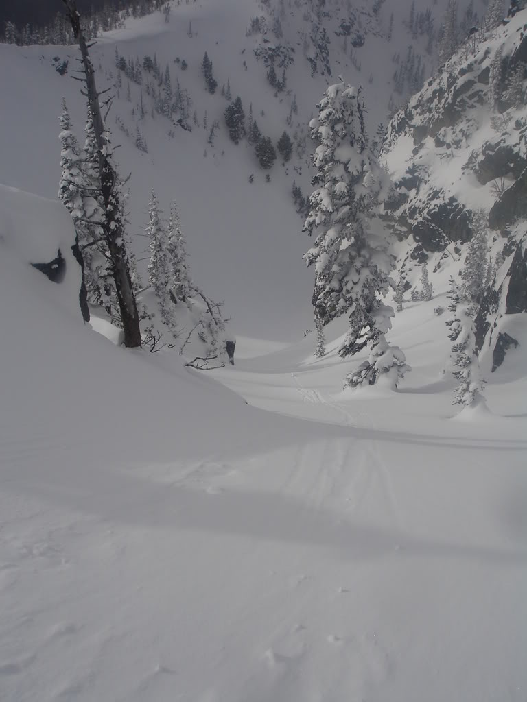 Looking down the chute in Crystal Lakes Basin