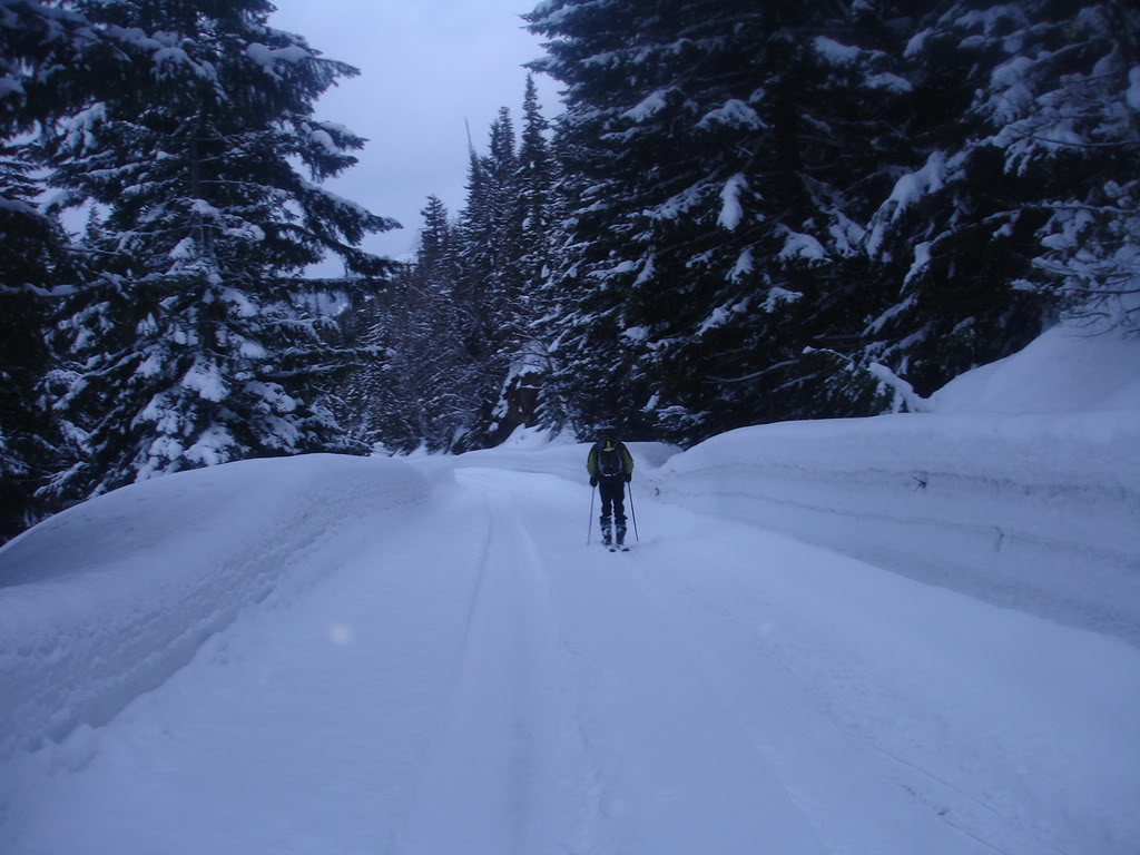 Scott exiting after a long day skiing down 410