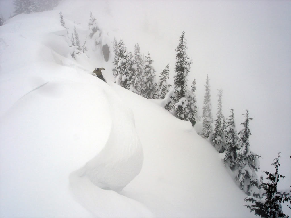 Getting my first snowboard run into the Dog Leg Bowl in Silver Basin