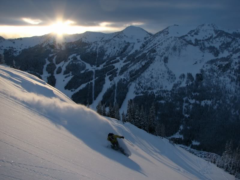 Making a sunset turn on East Peak in the Crystal Mountain Backcountry