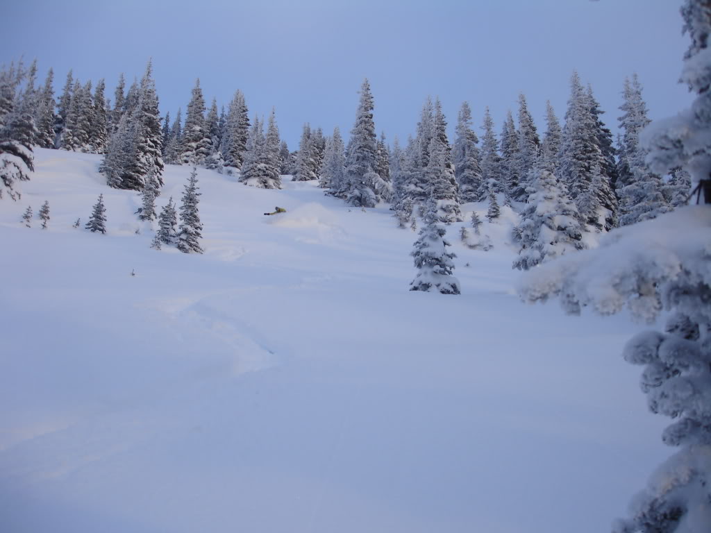 Snowboarding down East Peak with the last of the light