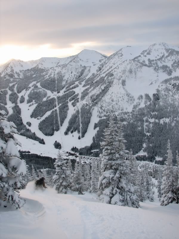 Skiing down East Peak with Crystal Mountain in the distance