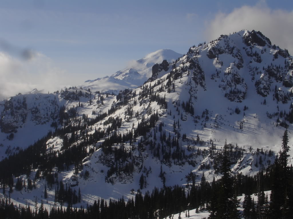 Looking at Sheep Lake Chute as we make our way up to a low col