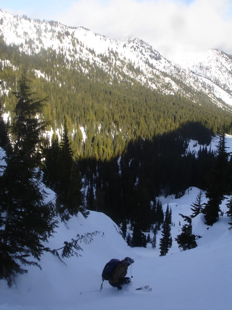 Dan skiing a North facing slope into Morse Creek from Sheep Lake Basin in the Crystal Mountain Backcountry