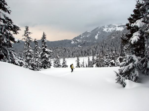 Snowboarding to Mowich Lake in Mount Rainier National Park