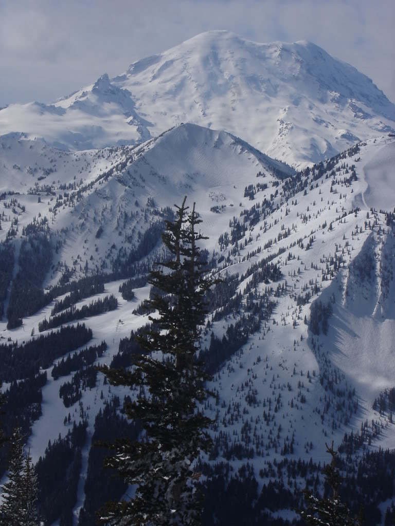 Stunning view of the Powder Bowl and Mount Rainier from the Crystal Mountain Backcountry