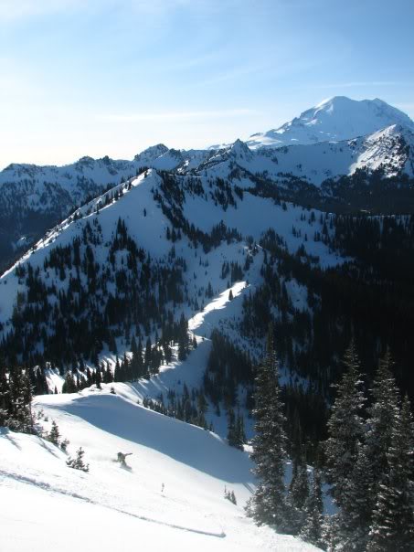 Making big snowboard turns down the Pickhandle Point west trees