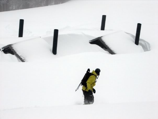 Riding down to the Bathrooms on Chinook Pass buried in snow