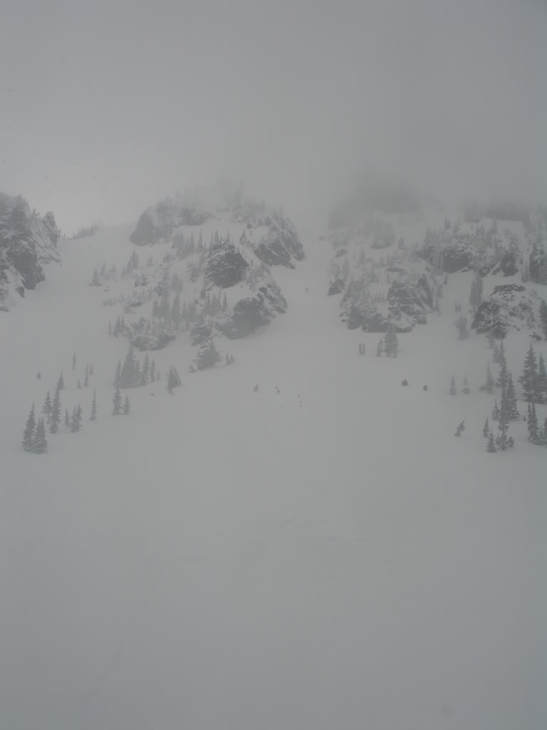 Looking back up the Sheep Lake Chute after snowboarding it