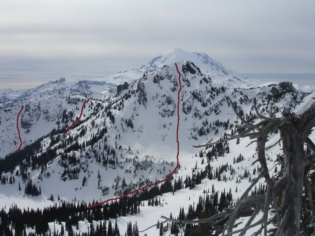 Our ski tour lines in Sheep lake Basin in the Crystal Mountain backcountry