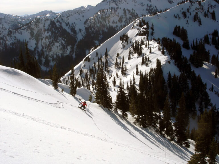 Snowboarding lower down on the East face of Pickhandle Peak