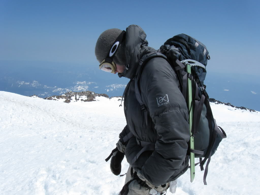 Strapping in and getting ready to descend the Emmons Glacier