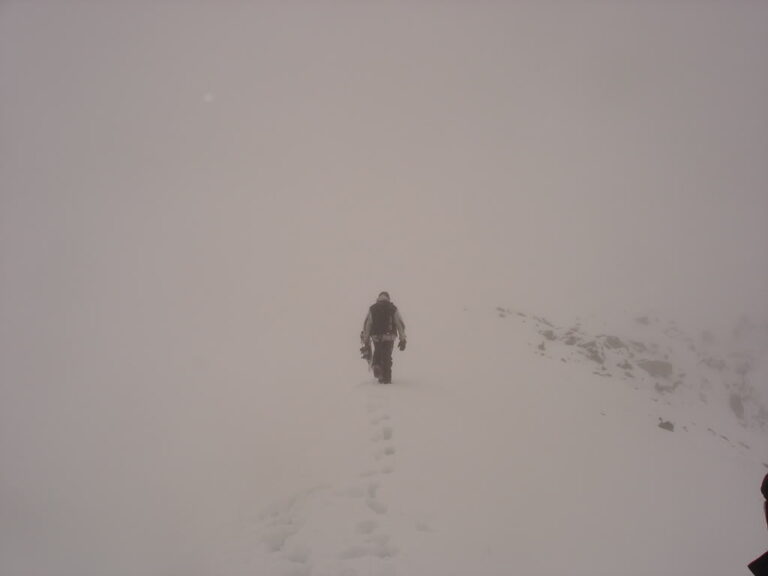 Walking on the ridge of Glacier Basin in a total whiteout