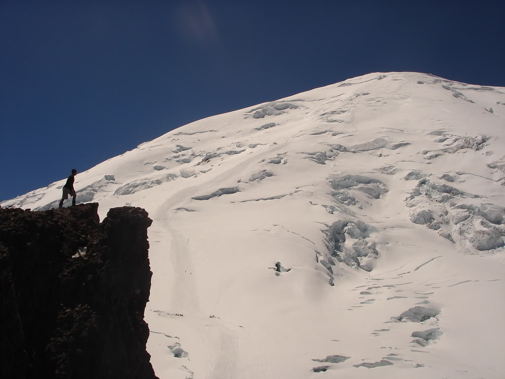 Looking down on Camp Shurman and the Emmons route to the summit