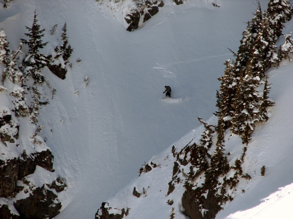 Snowboarding down the Sheep Lake Chute