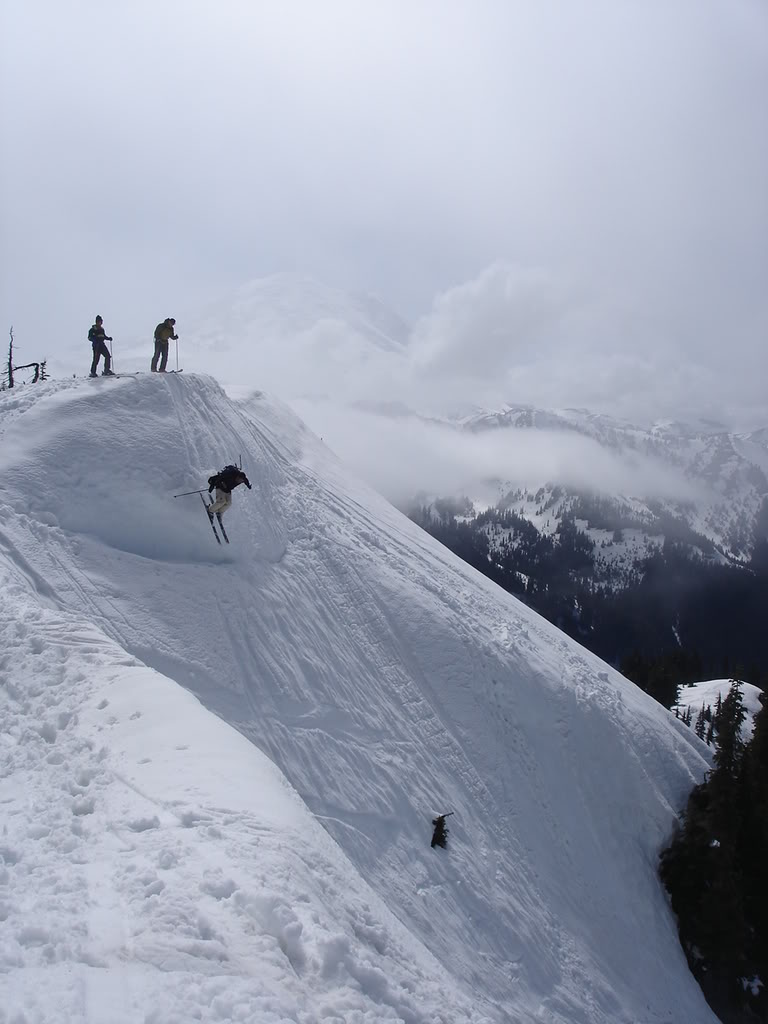 Dan dropping off a cornice into the North face of Yakima Peak