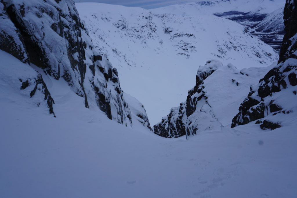 Looking down a steep chute in the Khibiny Mountains backcountry