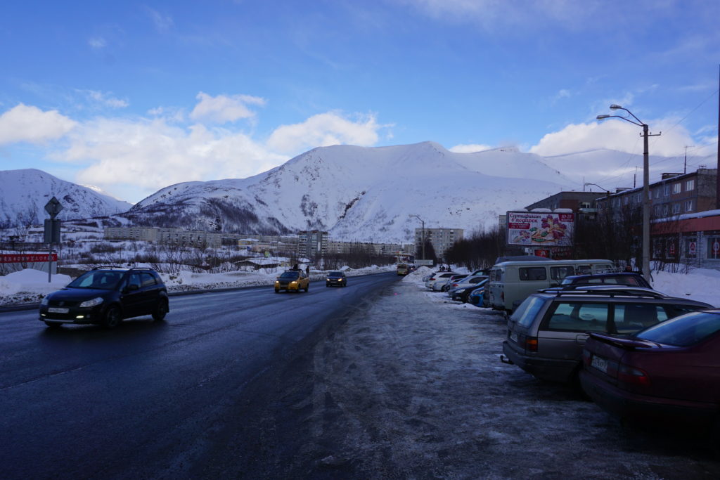 Walking though Kirovsk with Bigwood in the background