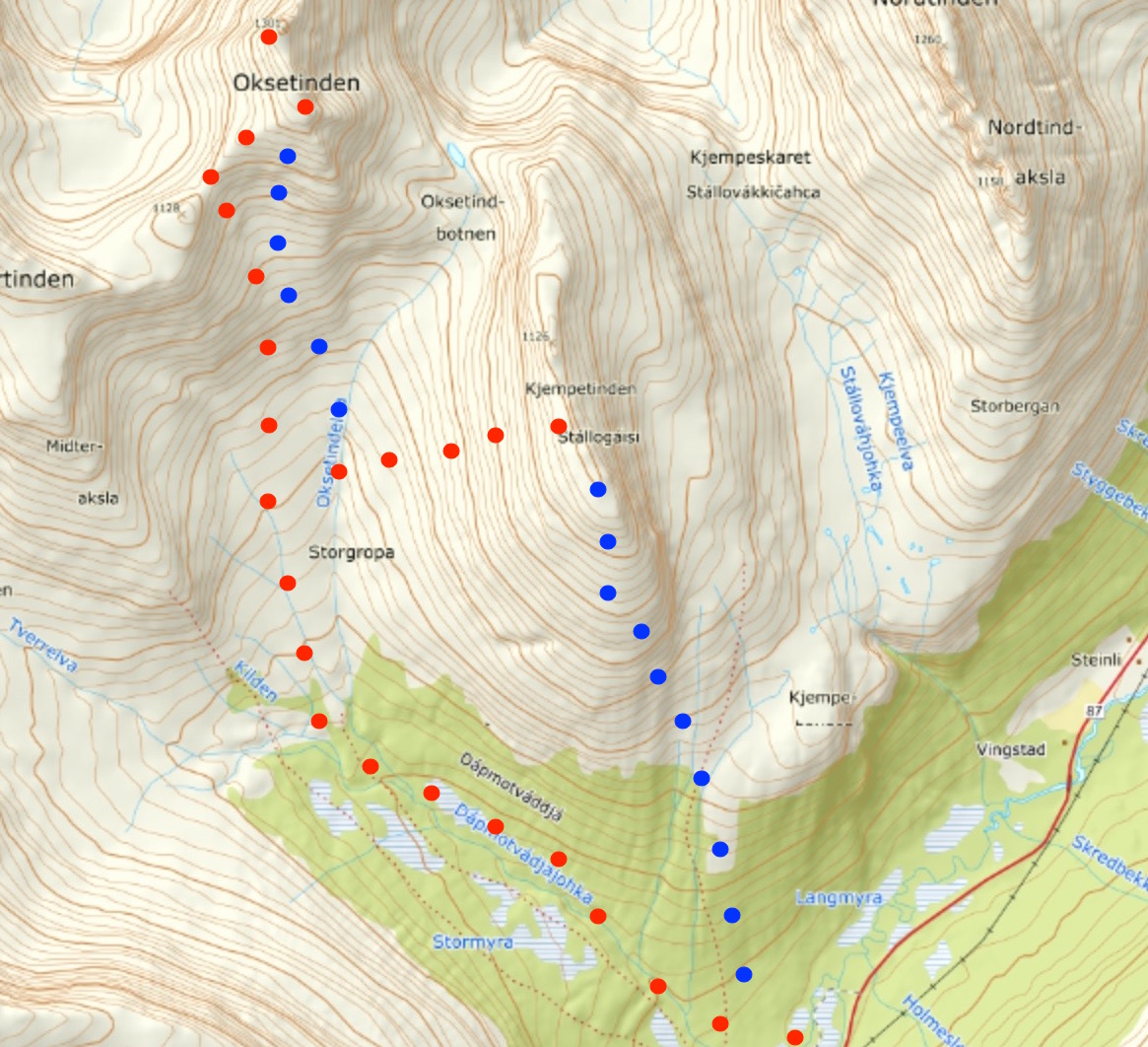 a topo map of our ascent route at Oksetinden and Kjempetinden in the Tamokdalen Backcountry